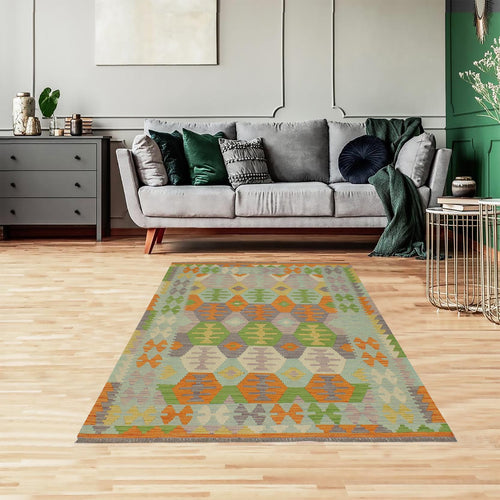handmade Geometric Kilim Blue Beige Hand-Woven RECTANGLE 100% WOOL area rug 4 x 6