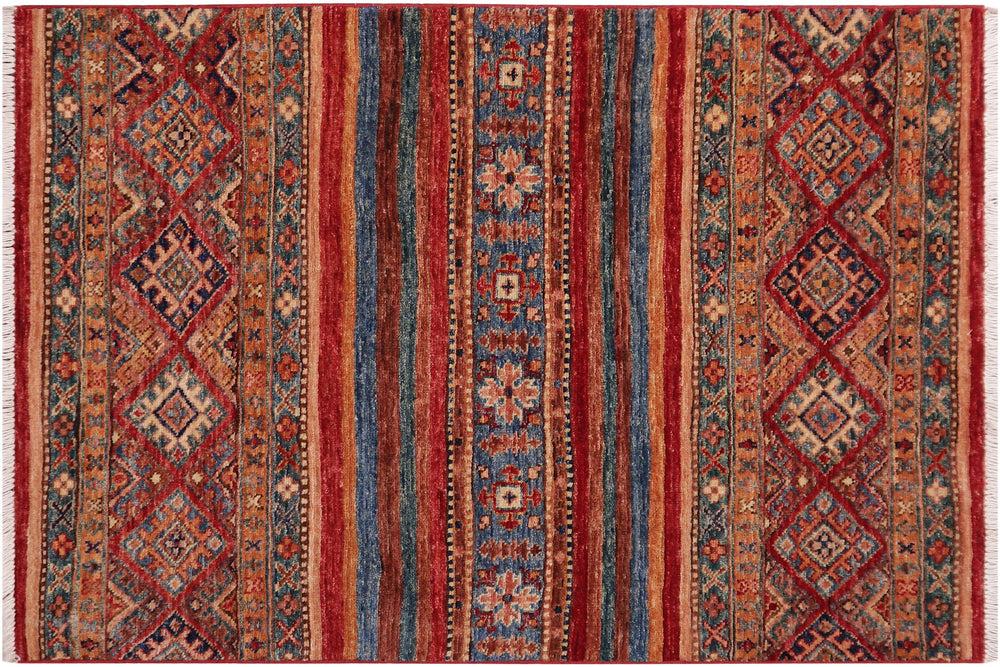 handmade Geometric Kurjean Red Blue Hand Knotted RECTANGLE 100% WOOL area rug 3x4
