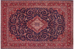 handmade Vintage Kashan Blue Red Hand Knotted RECTANGLE 100% WOOL area rug 10' x 13'