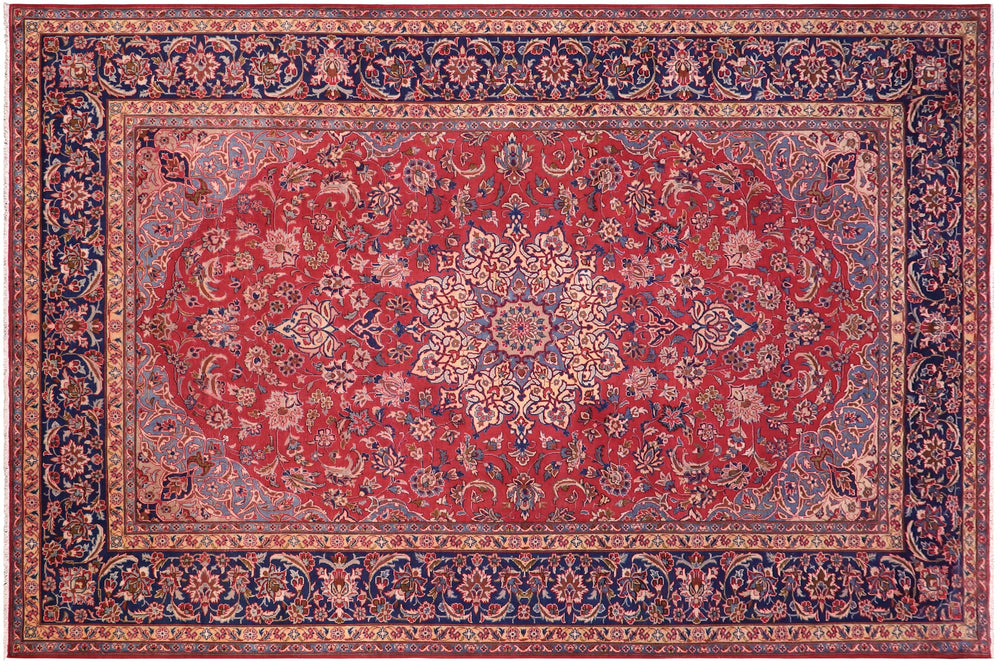 handmade Vintage Kashan Red Blue Hand Knotted RECTANGLE 100% WOOL area rug 10' x 13'