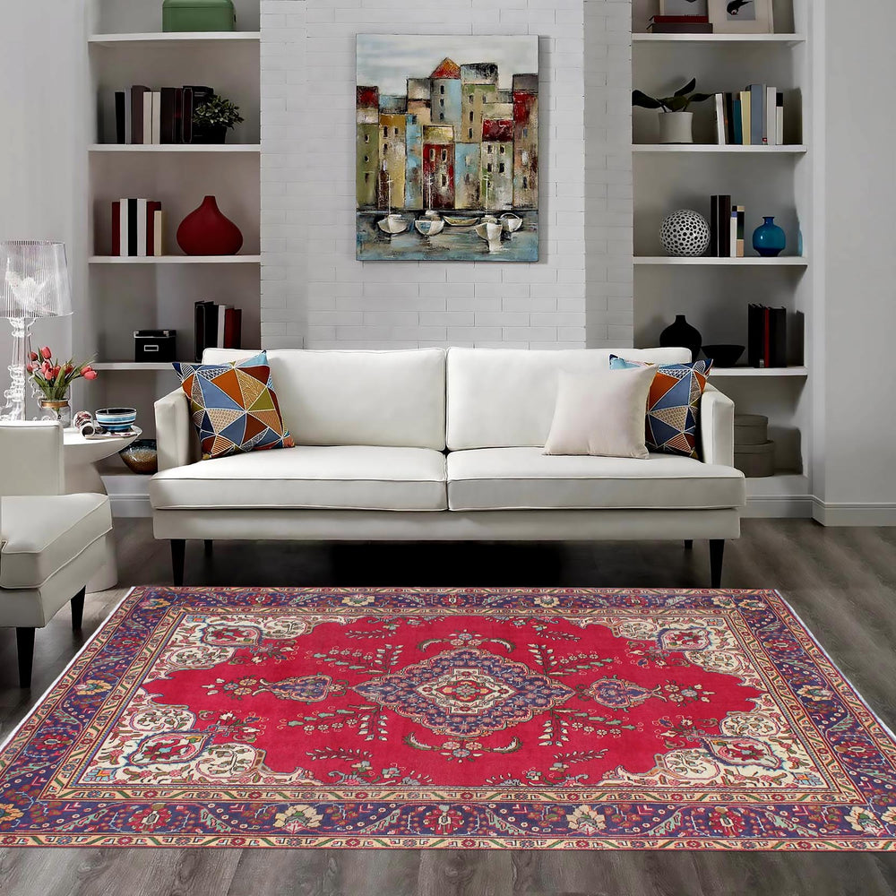 handmade Vintage Tabriz Red Blue Hand Knotted RECTANGLE 100% WOOL area rug 7' x 9'