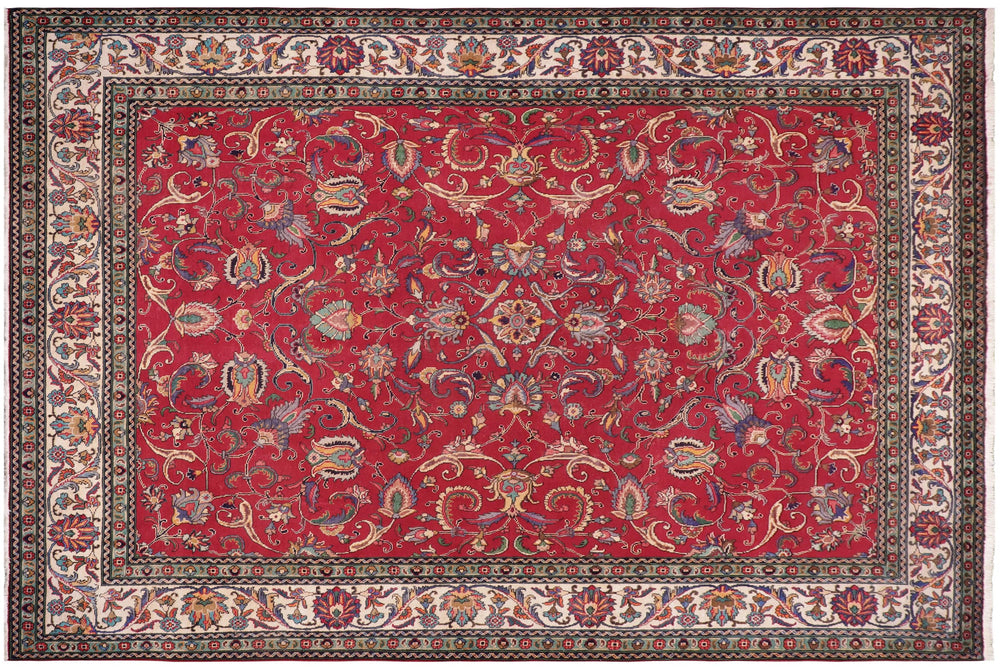 handmade Vintage Tabriz Red Beige Hand Knotted RECTANGLE 100% WOOL area rug 10' x 13'