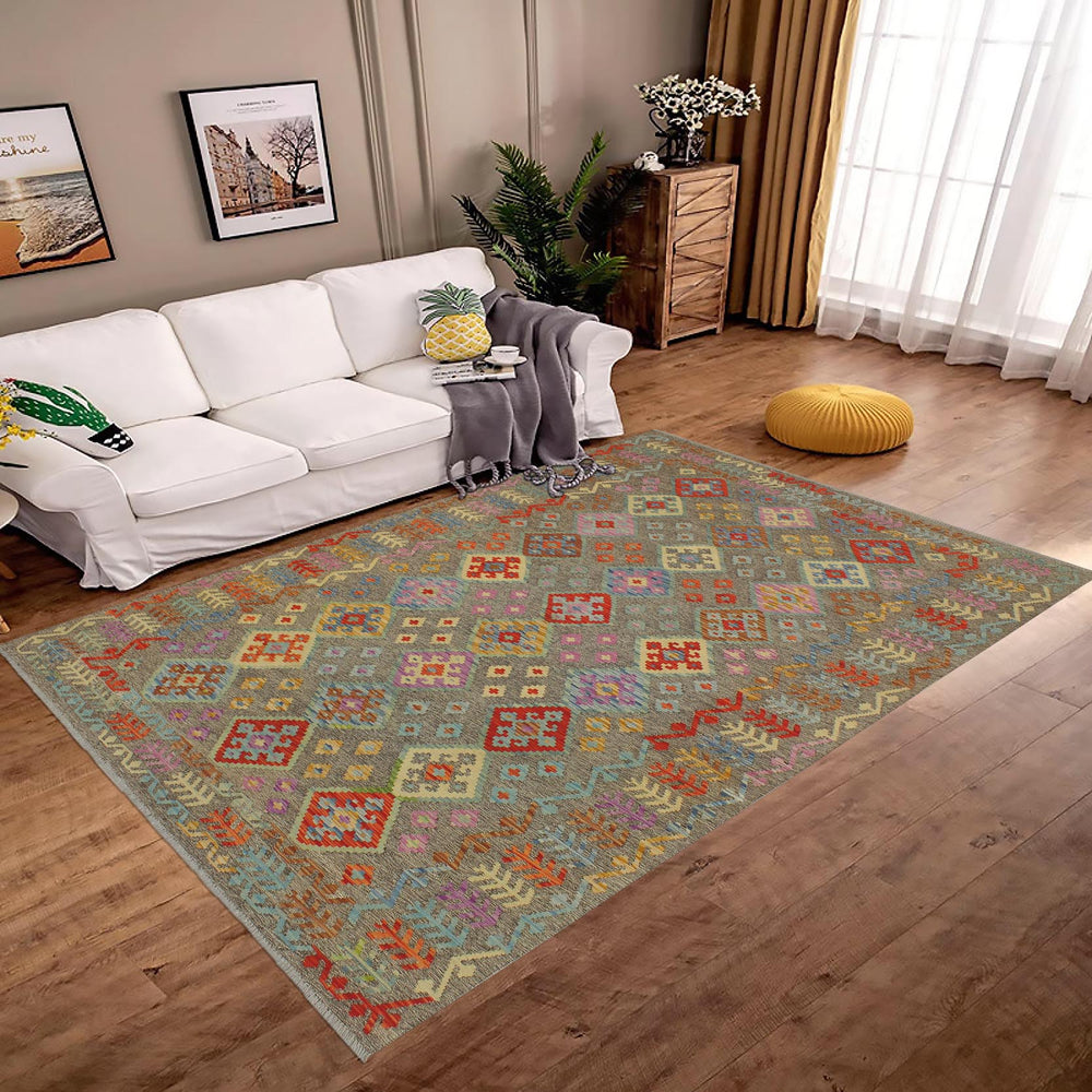 handmade Geometric Kilim Brown Rust Hand-Woven RECTANGLE 100% WOOL area rug 7 x 10