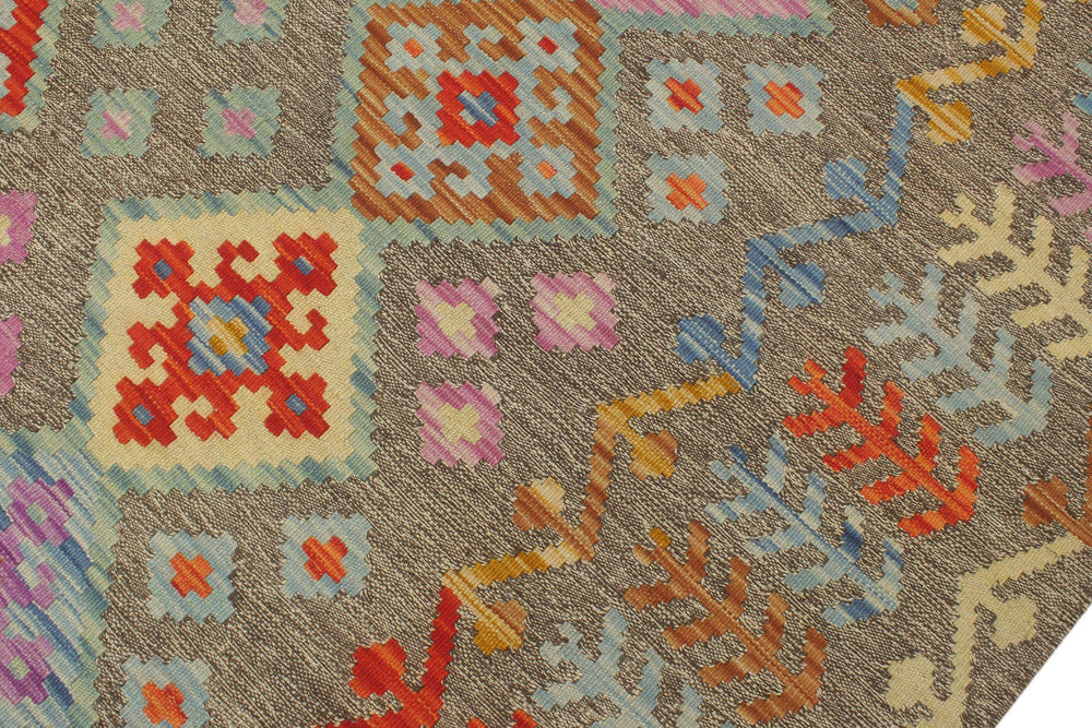 handmade Geometric Kilim Brown Rust Hand-Woven RECTANGLE 100% WOOL area rug 7 x 10