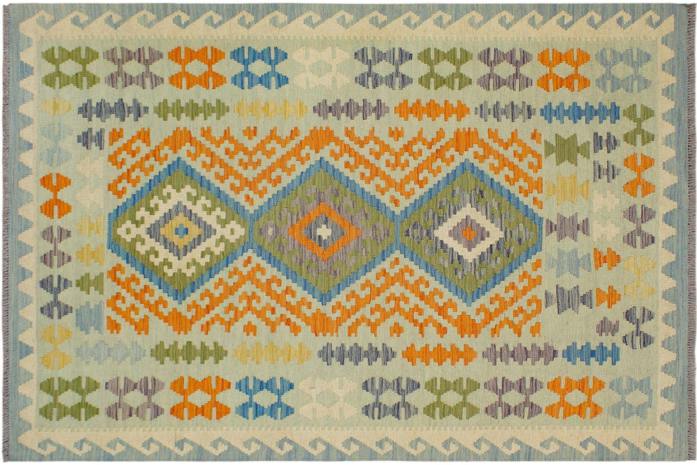 handmade Geometric Kilim Blue Orange Hand-Woven RECTANGLE 100% WOOL area rug 5x6