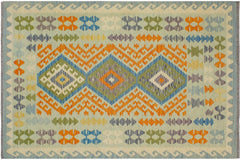 handmade Geometric Kilim Blue Orange Hand-Woven RECTANGLE 100% WOOL area rug 5x6