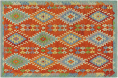 handmade Geometric Kilim Rust Blue Hand-Woven RECTANGLE 100% WOOL area rug 5 x 7