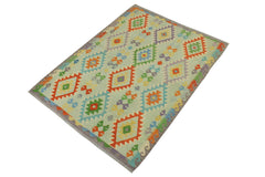 handmade Geometric Kilim Blue Rust Hand-Woven RECTANGLE 100% WOOL area rug 5x6