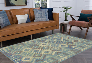 handmade Geometric Kilim Blue Beige Hand-Woven RECTANGLE 100% WOOL area rug 5x6