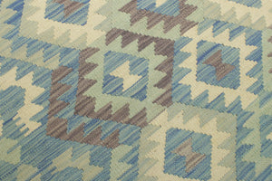 handmade Geometric Kilim Blue Beige Hand-Woven RECTANGLE 100% WOOL area rug 5x6