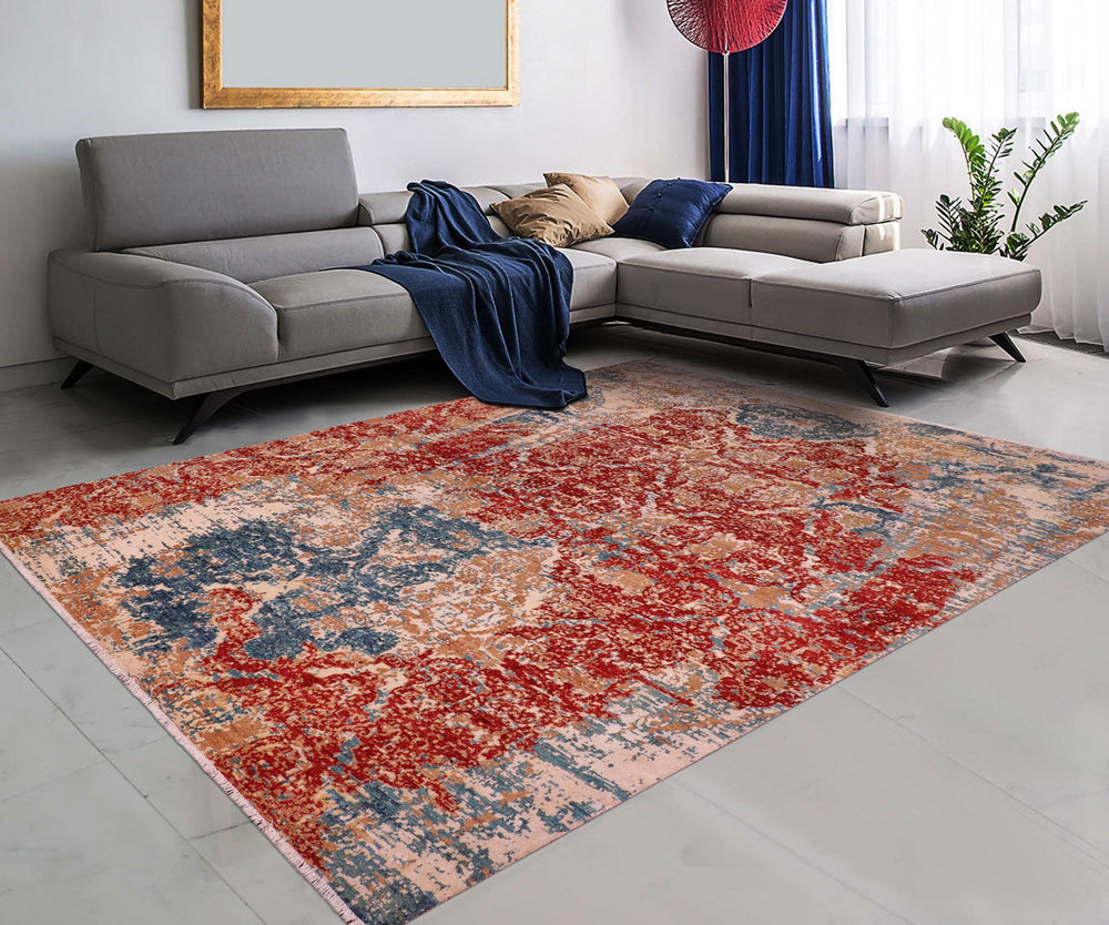 handmade Modern Modern Red Blue Hand Knotted RECTANGLE WOOL&SILK area rug 9' x 12'