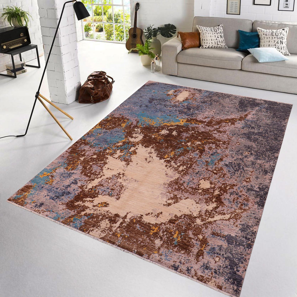 handmade Modern Modern Blue Tan Hand Knotted RECTANGLE WOOL&SILK area rug 8' x 10'