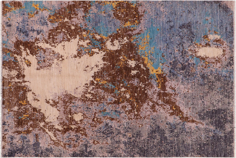 handmade Modern Modern Blue Tan Hand Knotted RECTANGLE WOOL&SILK area rug 8' x 10'