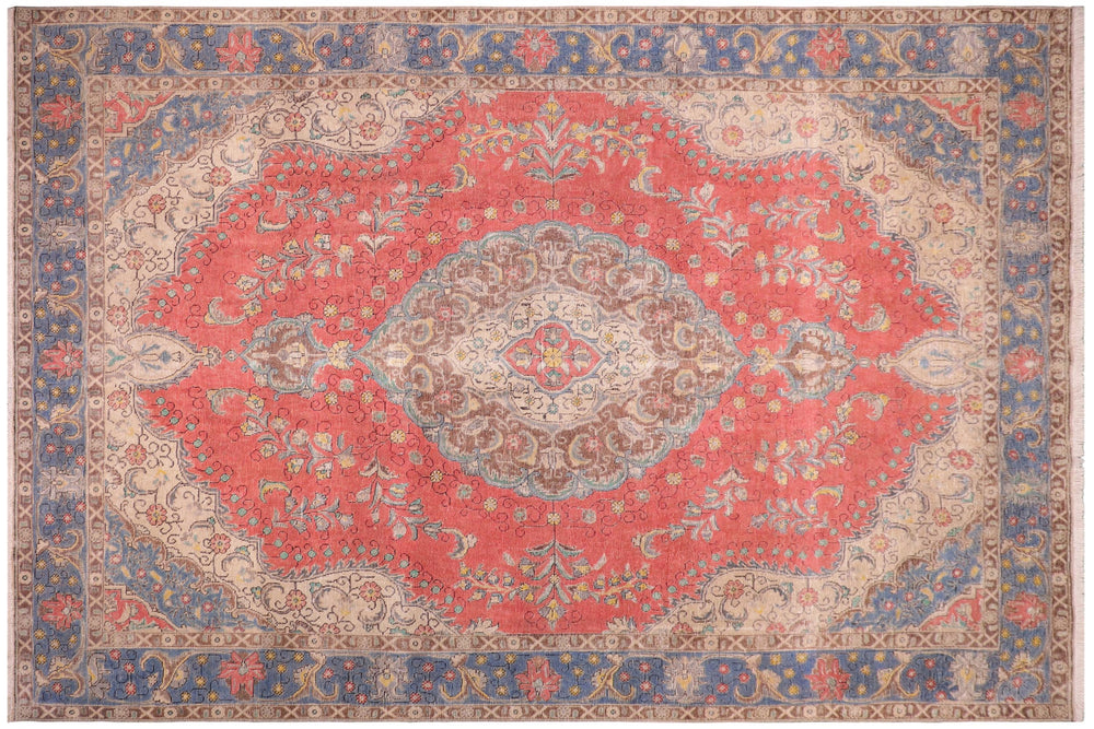 handmade Vintage Tabriz Red Blue Hand Knotted RECTANGLE 100% WOOL area rug 9' x 13'