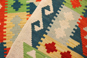 handmade Geometric Kilim Green Rust Hand-Woven RECTANGLE 100% WOOL area rug 3 x 5
