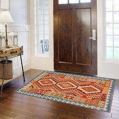handmade Geometric Kilim Rust Blue Hand-Woven RECTANGLE 100% WOOL area rug 4' x 6'