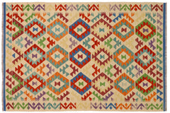 handmade Geometric Kilim Beige Rust Hand-Woven RECTANGLE 100% WOOL area rug 4 x 6
