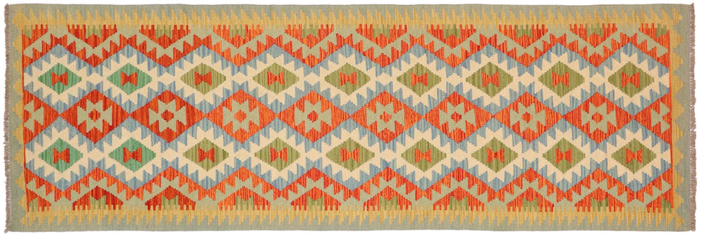 handmade Geometric Kilim Rust Blue Hand-Woven RUNNER 100% WOOL area rug 3 x 10