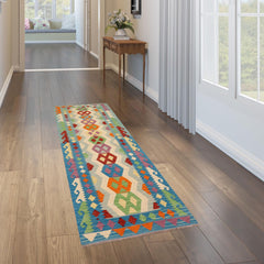 handmade Geometric Kilim Beige Blue Hand-Woven RUNNER 100% WOOL area rug 3' x 9'