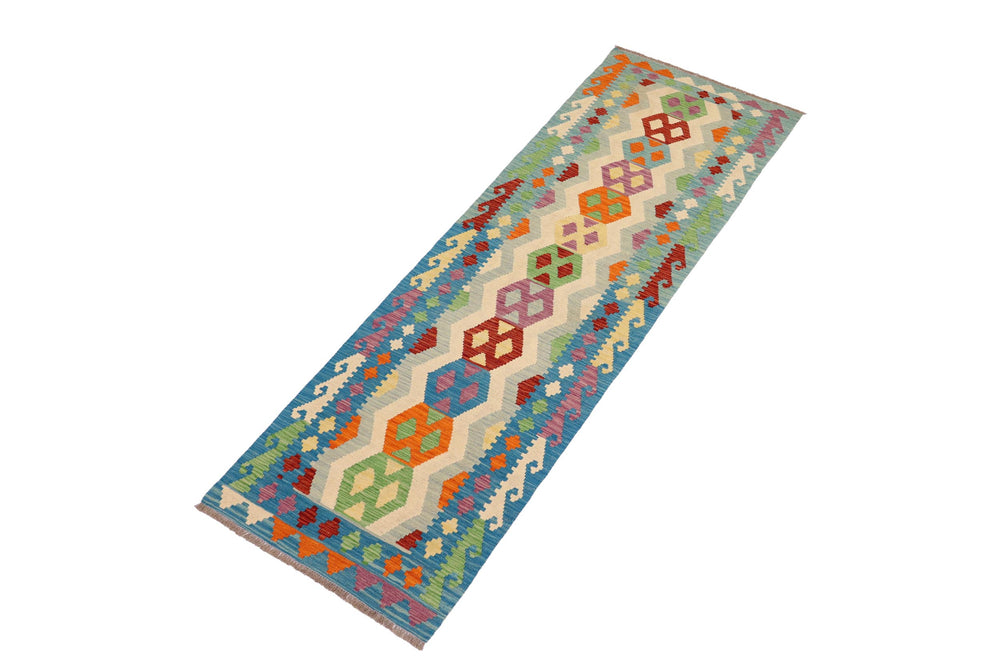 handmade Geometric Kilim Beige Blue Hand-Woven RUNNER 100% WOOL area rug 3' x 9'