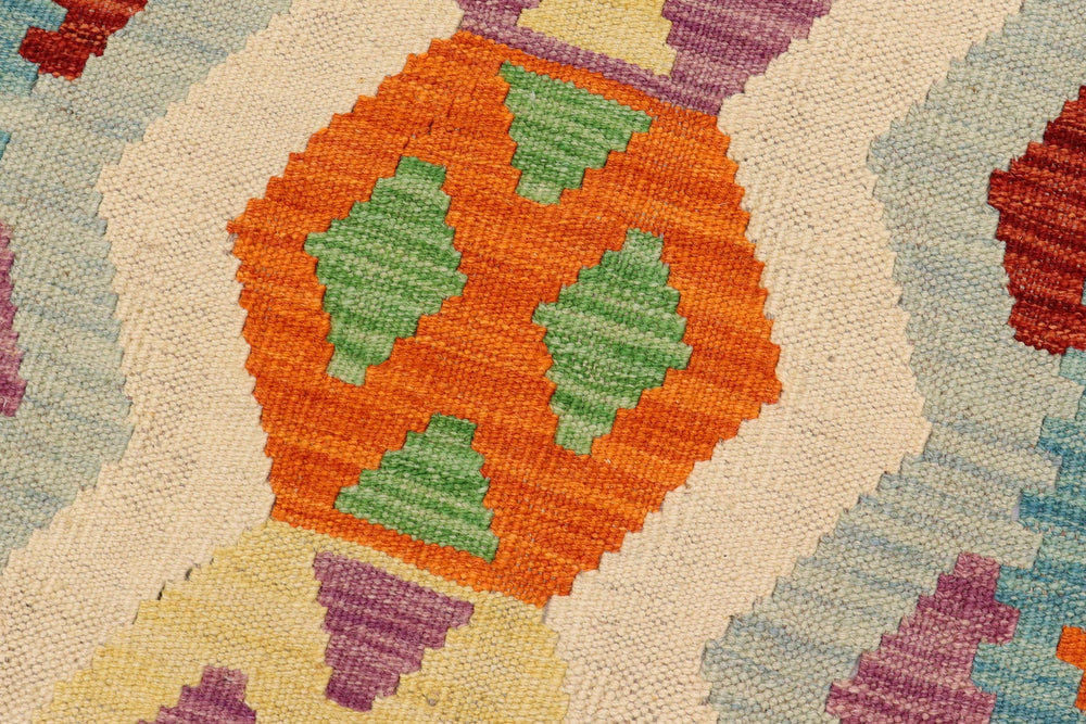 handmade Geometric Kilim Beige Blue Hand-Woven RUNNER 100% WOOL area rug 3' x 9'