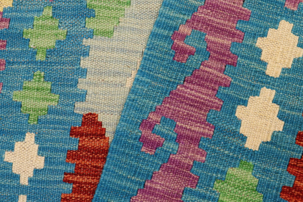 handmade Geometric Kilim Beige Blue Hand-Woven RUNNER 100% WOOL area rug 3' x 9'