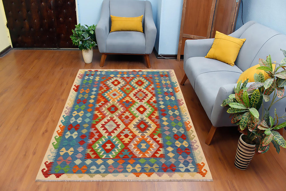 handmade Geometric Kilim Rust Blue Hand-Woven RECTANGLE 100% WOOL area rug 5x6