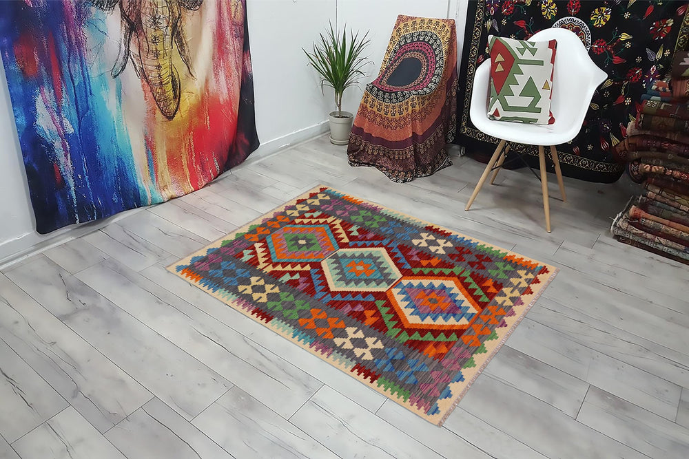 handmade Geometric Kilim Red Gray Hand-Woven RECTANGLE 100% WOOL area rug 3' x 5'