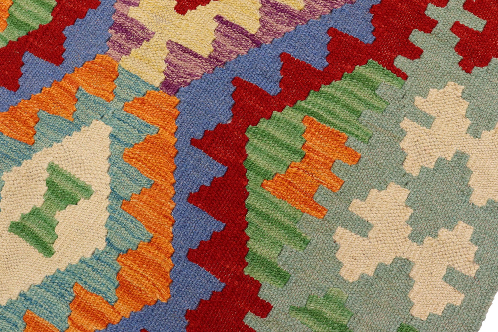 handmade Geometric Kilim Red Blue Hand-Woven RUNNER 100% WOOL area rug 3' x 6'