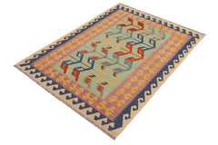 handmade Modern Kilim Blue Beige Hand-Woven RECTANGLE 100% WOOL area rug 4x6
