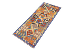 handmade Geometric Kilim Rust Blue Hand-Woven RUNNER 100% WOOL area rug 3' x 6'