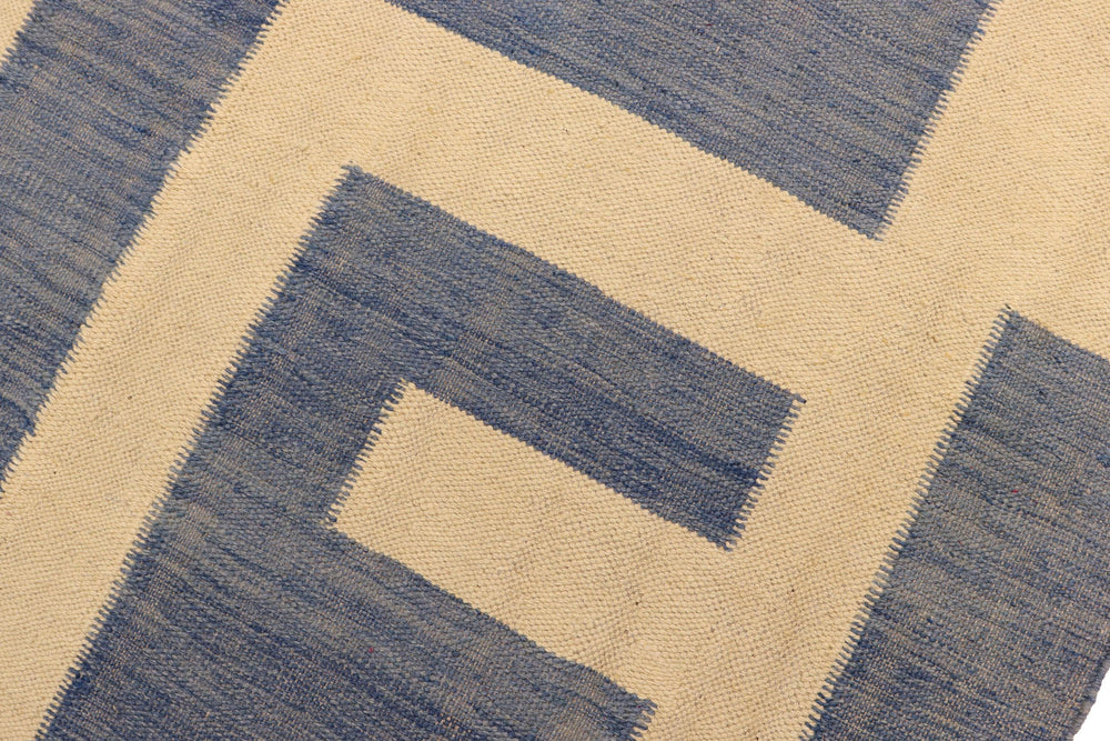handmade Modern Kilim Blue Beige Hand-Woven RECTANGLE 100% WOOL area rug 5 x 6