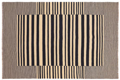 handmade Modern Kilim Beige Black Hand-Woven RECTANGLE 100% WOOL area rug 6' x 8'
