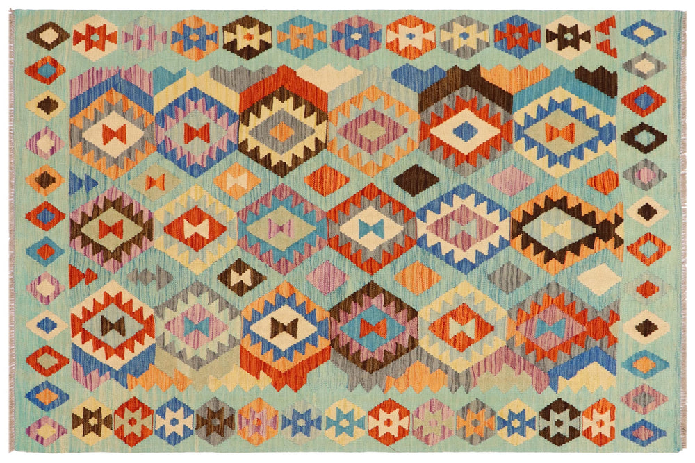 handmade Geometric Kilim Blue Rust Hand-Woven RECTANGLE 100% WOOL area rug 5x6