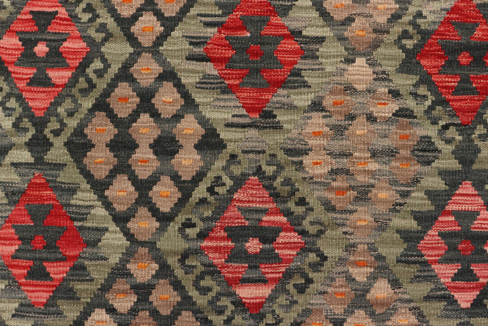 handmade Geometric Kilim Green Red Hand-Woven RECTANGLE 100% WOOL area rug 3 x 6