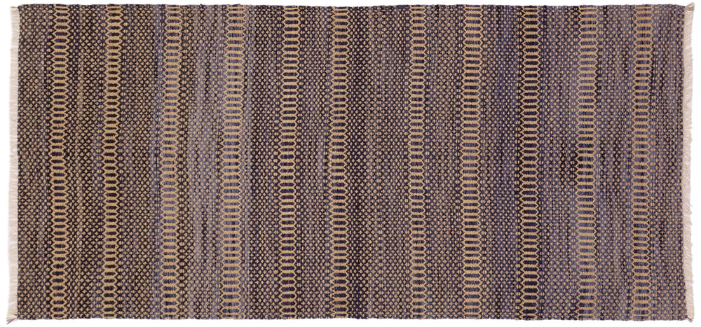 handmade Modern Kilim Blue Beige Hand-Woven RUNNER 100% WOOL area rug 3' x 7'