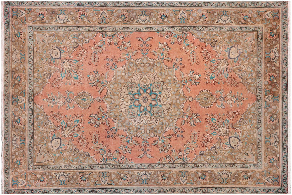 handmade Vintage Kashan Peach Brown Hand Knotted RECTANGLE 100% WOOL area rug 8' x 11'