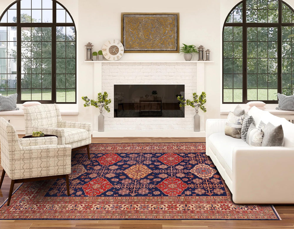 handmade Geometric Super Kazak Blue Beige Hand Knotted RECTANGLE 100% WOOL area rug 8' x 10'
