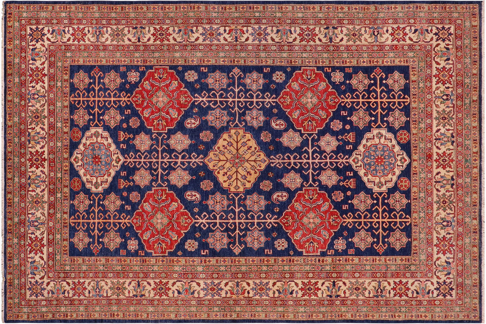 handmade Geometric Super Kazak Blue Beige Hand Knotted RECTANGLE 100% WOOL area rug 8' x 10'