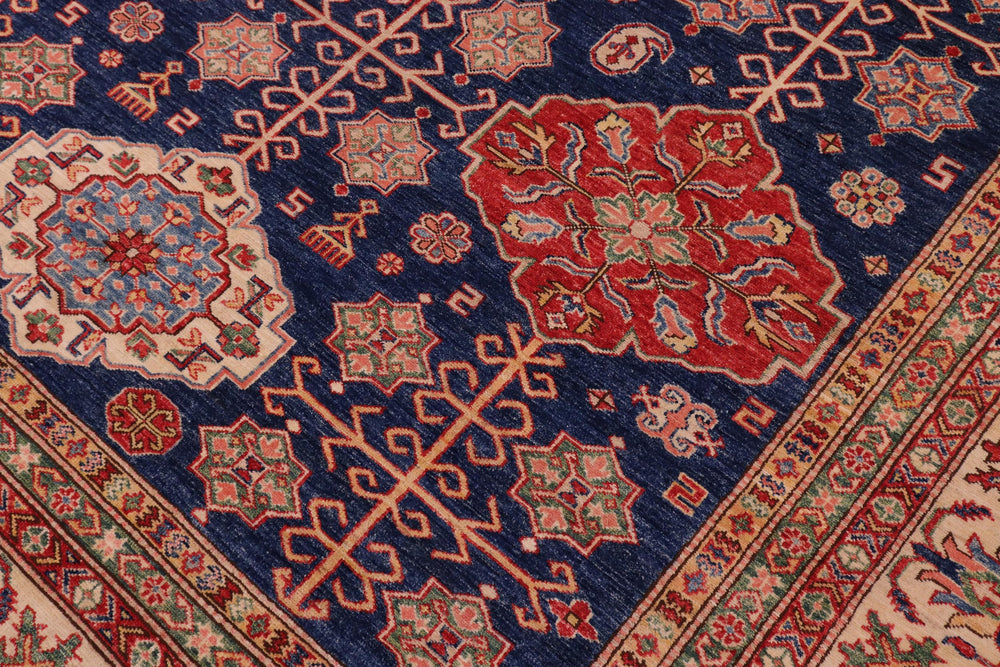 handmade Geometric Super Kazak Blue Beige Hand Knotted RECTANGLE 100% WOOL area rug 8' x 10'