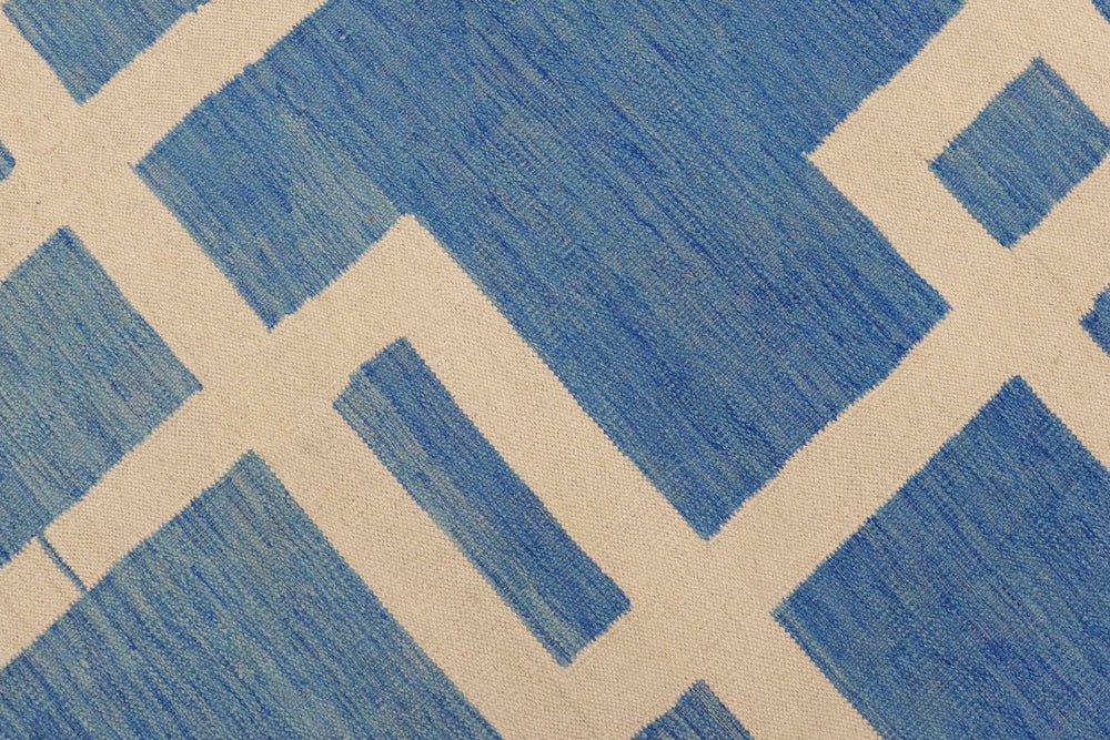 handmade Modern Kilim Blue Beige Hand-Woven RECTANGLE 100% WOOL area rug 8' x 10'