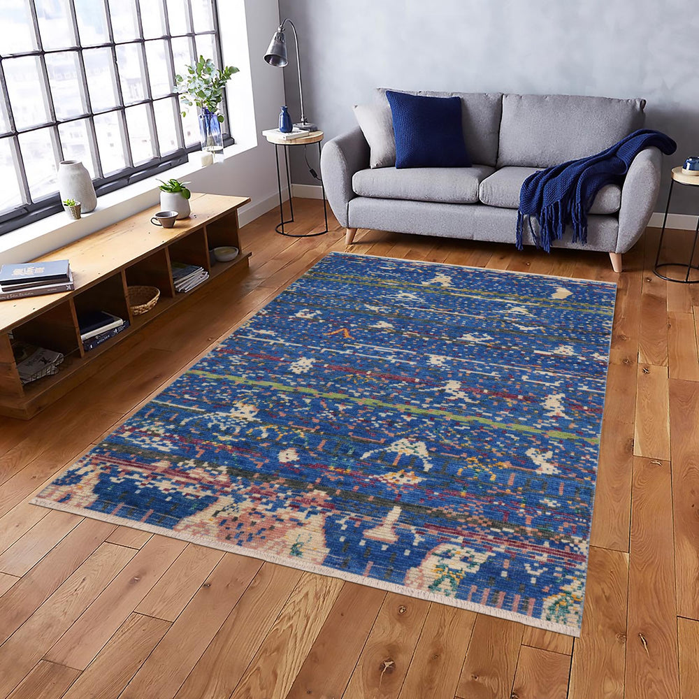 handmade Geometric Moroccan Blue Gray Hand Knotted RECTANGLE WOOL&SILK area rug 5' x 7'