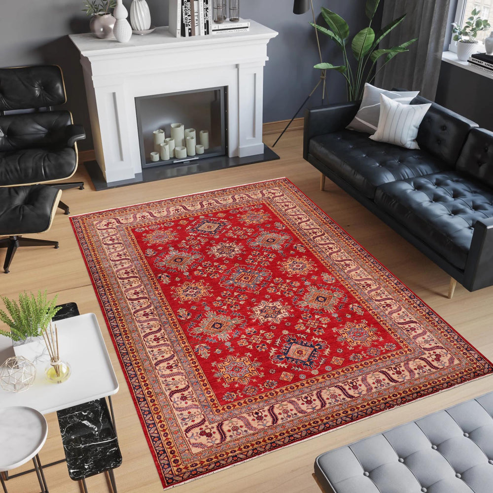 handmade Geometric Super Kazak Red Beige Hand Knotted RECTANGLE 100% WOOL area rug 8' x 10'