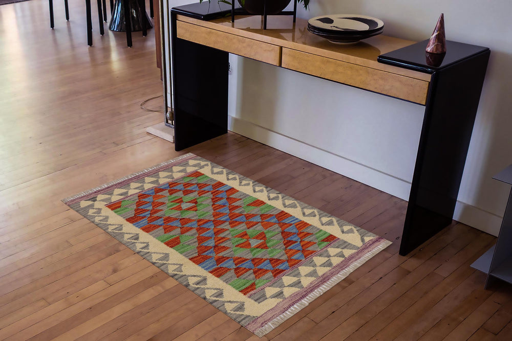handmade Geometric Kilim Gray Beige Hand-Woven RECTANGLE 100% WOOL area rug 2' x 3'