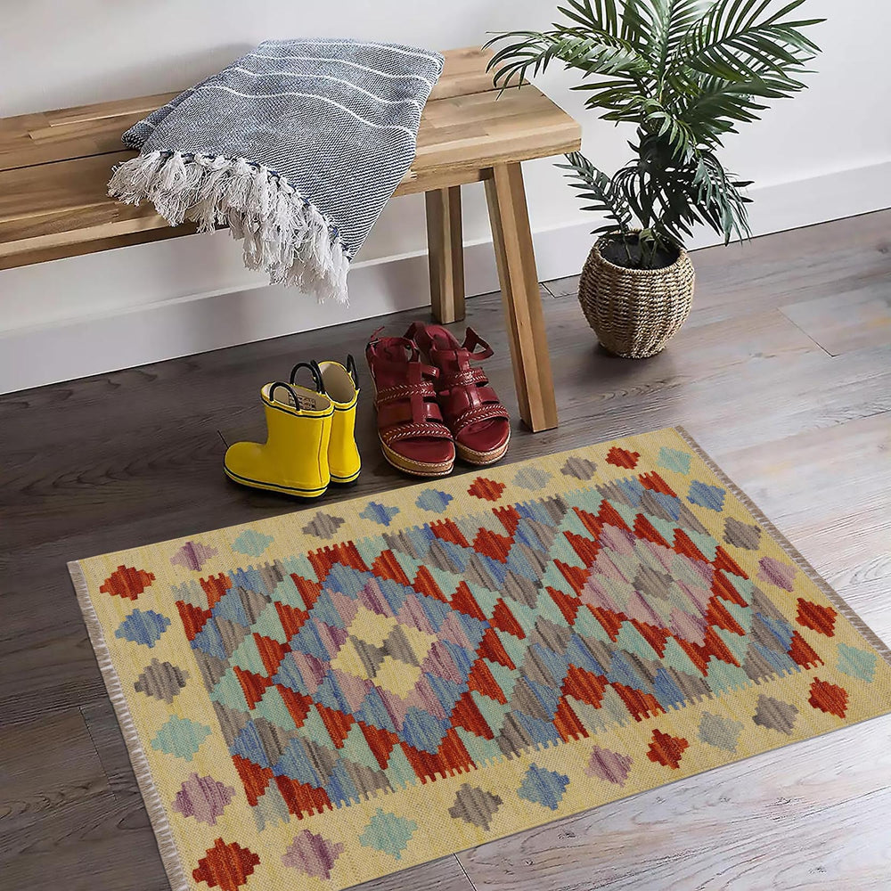 handmade Geometric Kilim Gold Rust Hand-Woven RECTANGLE 100% WOOL area rug 2' x 3'