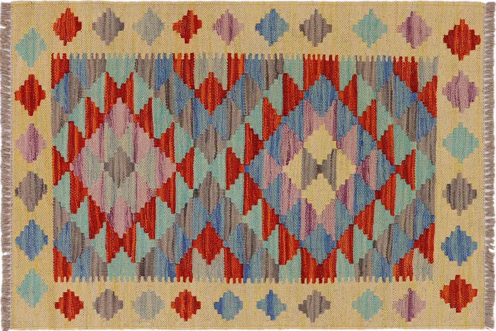 handmade Geometric Kilim Gold Rust Hand-Woven RECTANGLE 100% WOOL area rug 2' x 3'
