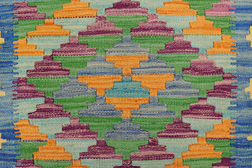handmade Geometric Kilim Blue Gold Hand-Woven RECTANGLE 100% WOOL area rug 2' x 3'