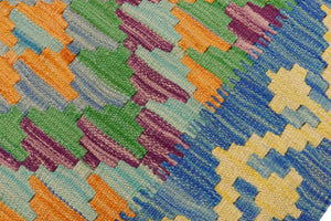 handmade Geometric Kilim Blue Gold Hand-Woven RECTANGLE 100% WOOL area rug 2' x 3'