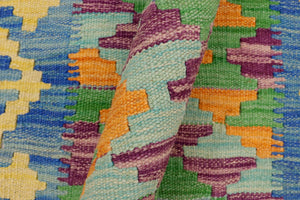 handmade Geometric Kilim Blue Gold Hand-Woven RECTANGLE 100% WOOL area rug 2' x 3'