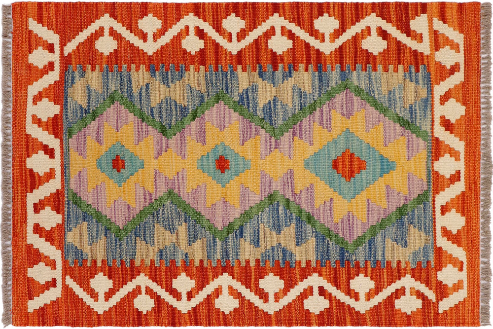 handmade Geometric Kilim Rust Beige Hand-Woven RECTANGLE 100% WOOL area rug 2' x 3'